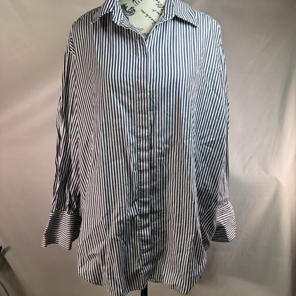 Zara Womens Oversized‎ Collar Shirt Blouse XS Black White Striped - Picture 1 of 7
